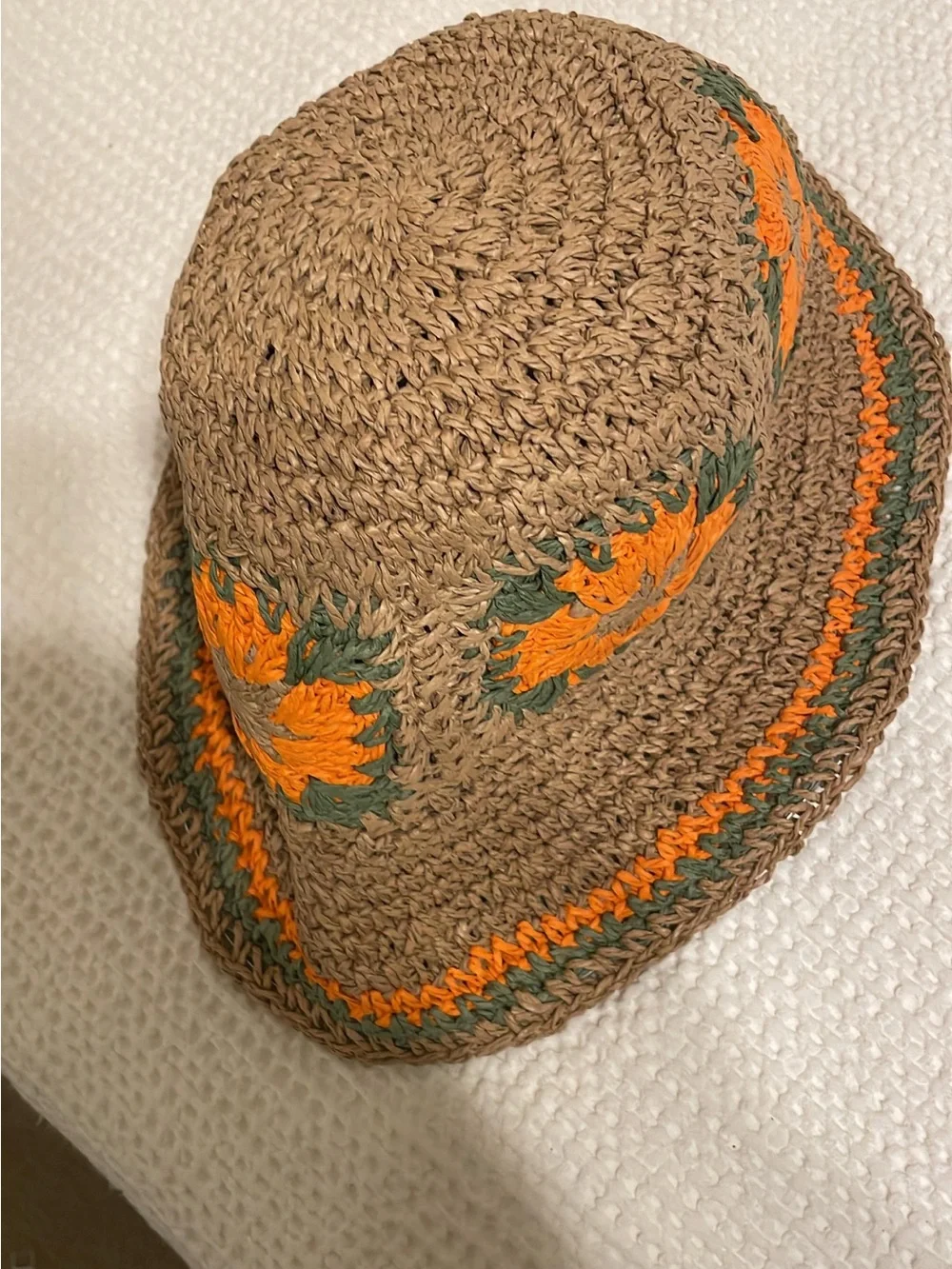 Handmade Brown Crochet Sun Hat with Orange Floral Accents